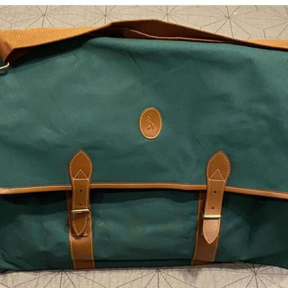 Vintage Ralph Lauren Green Weekender Travel Tote Bag Duffle Buckles Strap Large